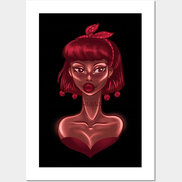 Cherry Lady Black Pin Up Girl Wall Art by Ebony Rose 